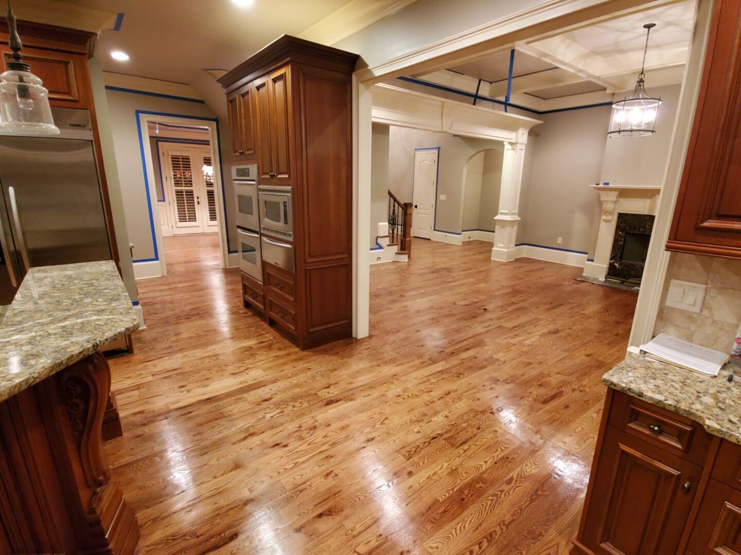 Newly refinished hardwood floors in a home.