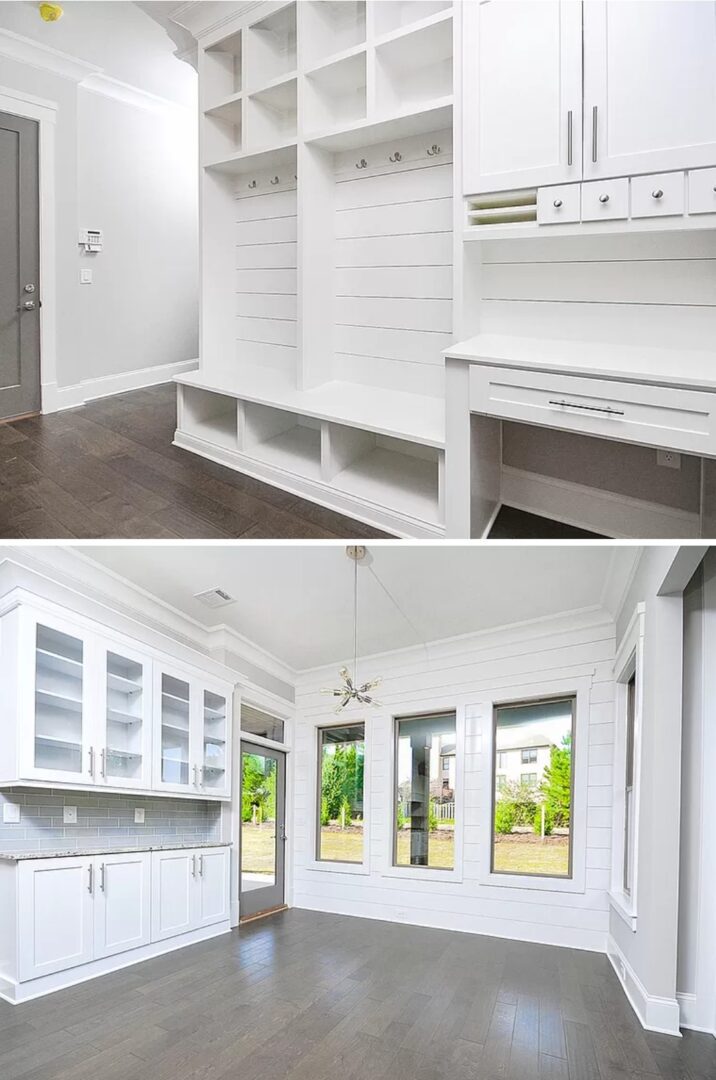 White built-in cabinetry in a home.
