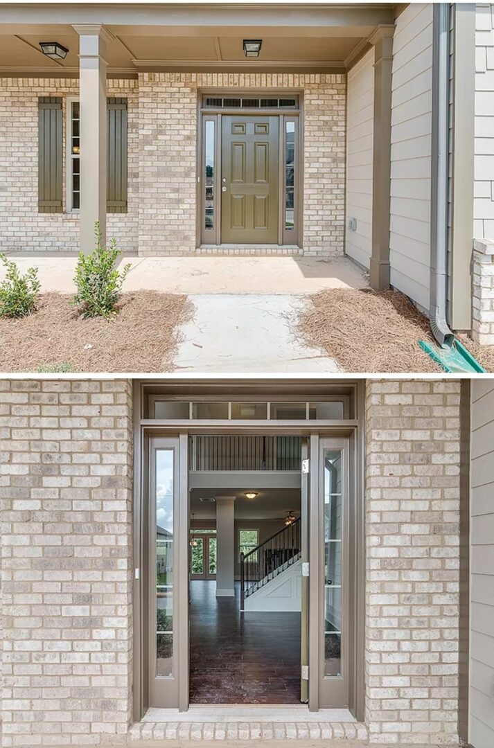 Front entrance of a house with brick exterior.